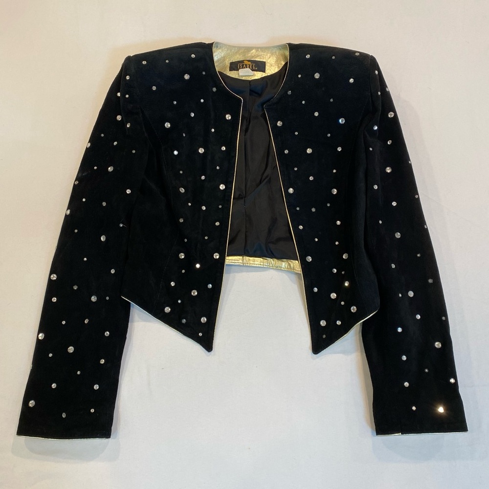 Vintage 80s Elegant Black Suede Leather Rhinestone Studded Women's Jacket, Sz S